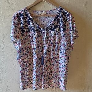 Floral Short Sleeve Peasant Top with Tassel Tie - Navy & Pink